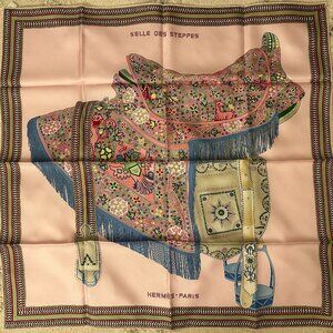 BRAND NEW w/ Tags Hermes Scarf Selle des Steppes 90cm silk pink horse saddle 35"